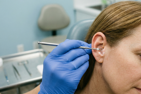 Clinician in blue gloves using a curette instrument to examine a patient's ear