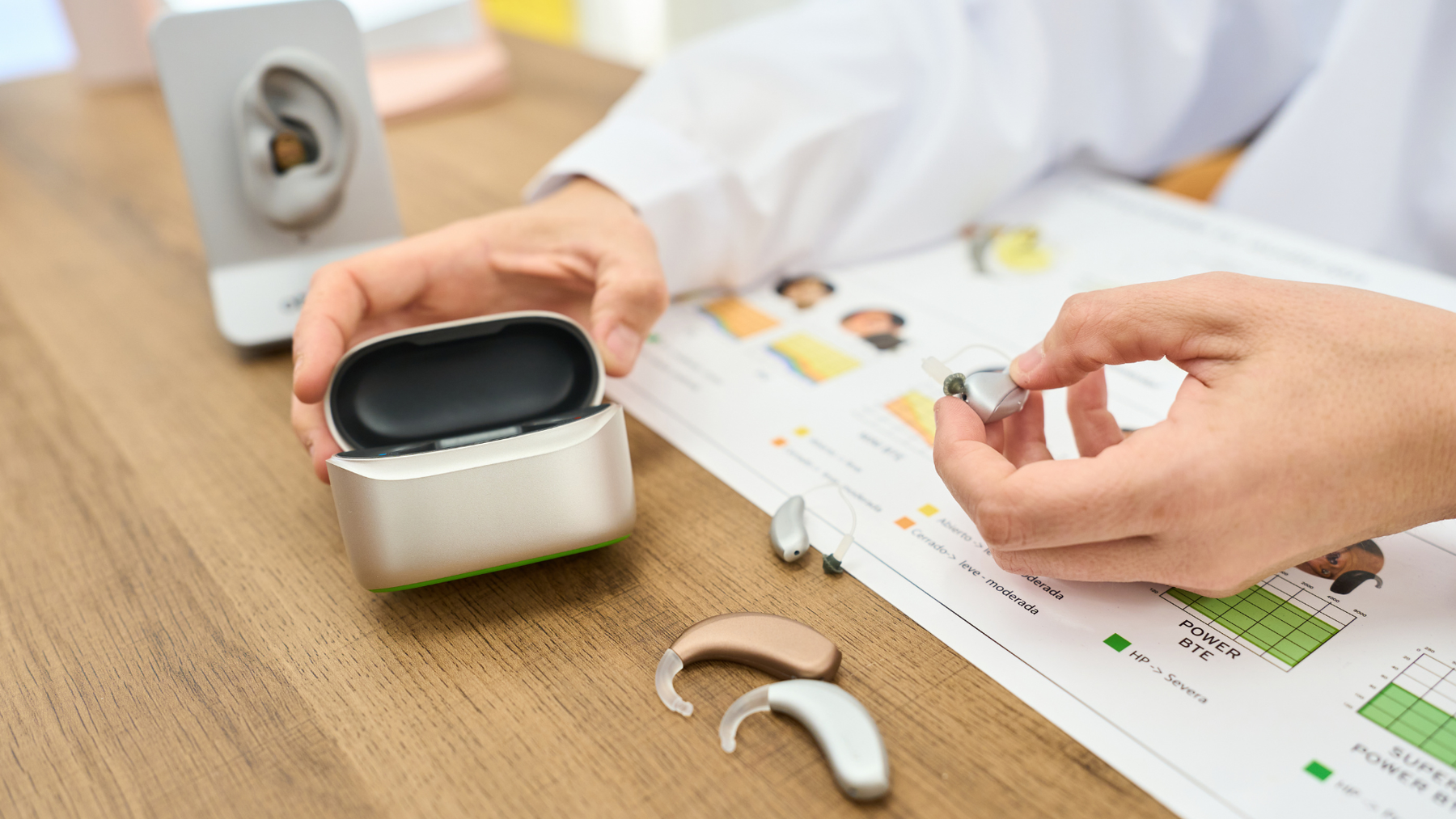 An audiologist in a white lab coat sitting at a wooden desk, holding a behind-the-ear hearing aid over an open gold charging case next to technical hearing loss charts and ear models.